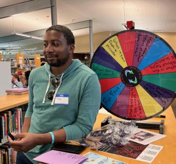 Prof Jordan with the Microbiology Spinwheel