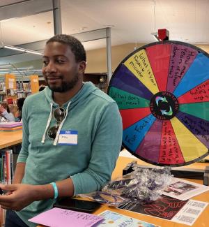 Prof Jordan with the Microbiology Spinwheel