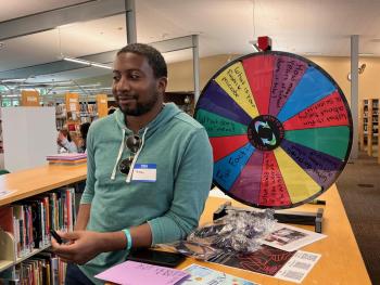 Prof Jordan with the Microbiology Spinwheel